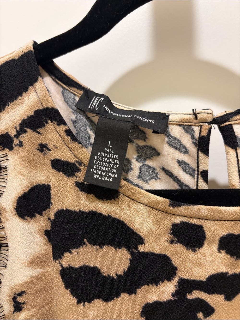 Sleeveless Animal Print Top with Lace Trim - Black & Beige INC - Picture 2 of 4